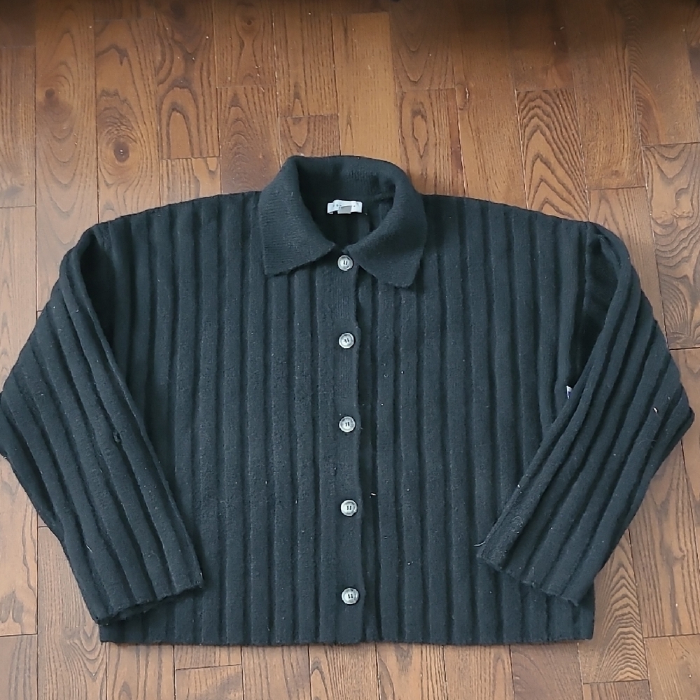 NEW TOPSHOP Black Ribbed Button-Up knit colar cardigan size L
